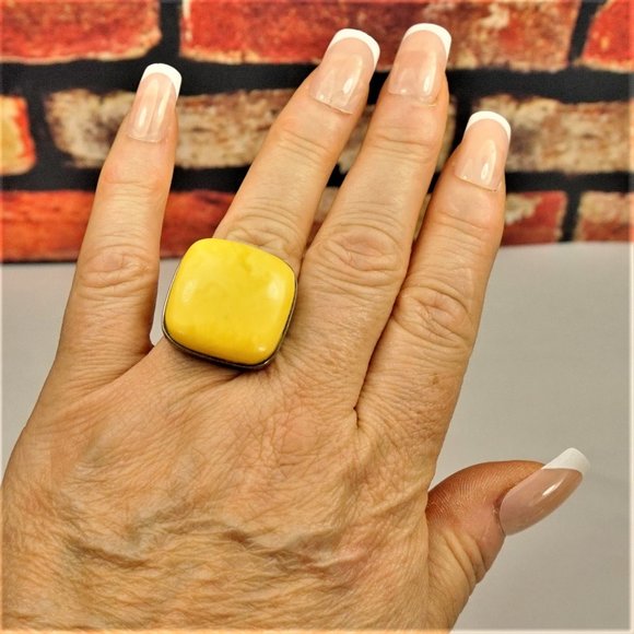 BIG EGG YOLK AMBER STERLING SQUARE RING SIZE 7.5, GIFT FOR WOMEN, UNISEX RING - Picture 3 of 10
